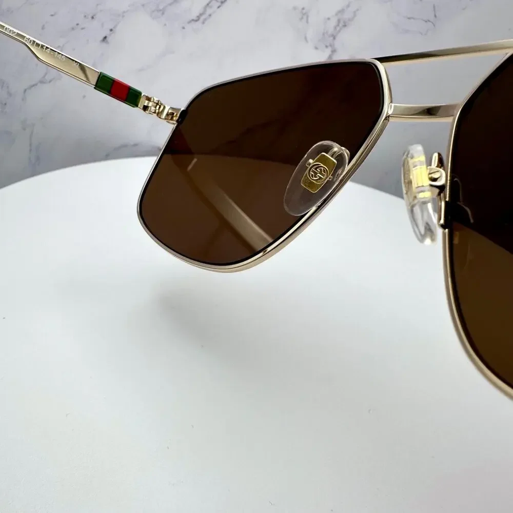 New GUCCI Sunglasses Gold Metal Square Aviator Pilot Red Green Web Logo Mens